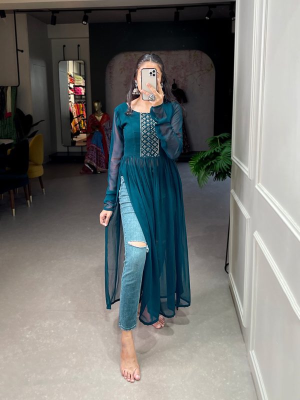 Grand Peacock Blue Color Georgette Sequins Embroidery work Kurti