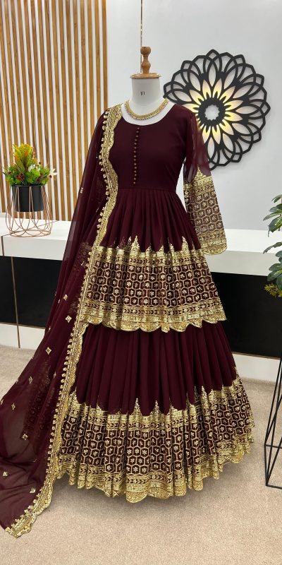 Handsome Dark Maroon Color Faux Georgette With Embroidery Sequence Work Lehenga Choli