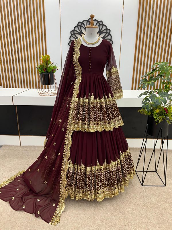 Handsome Dark Maroon Color Faux Georgette With Embroidery Sequence Work Lehenga Choli