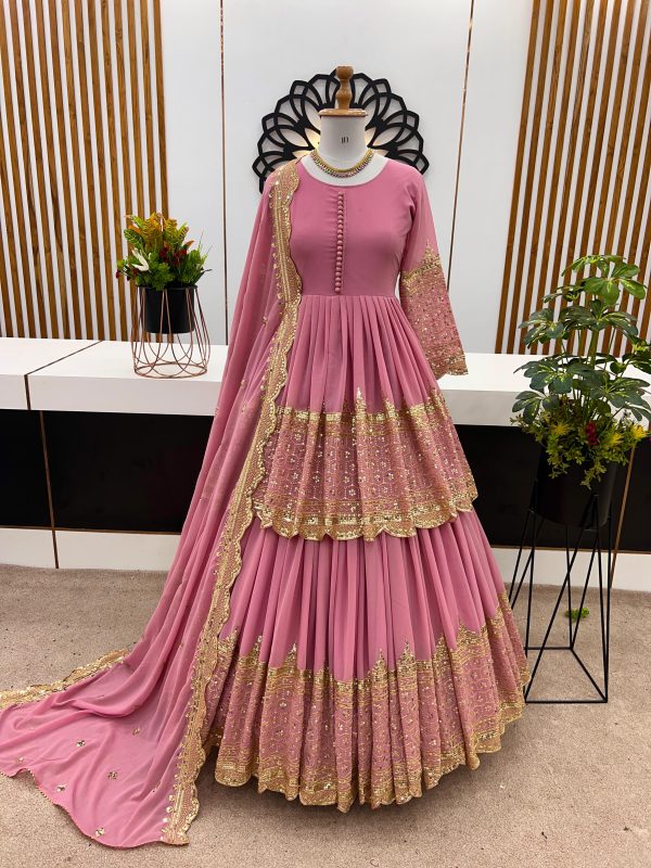 Handsome Pink Color Faux Georgette With Embroidery Sequence Work Lehenga Choli