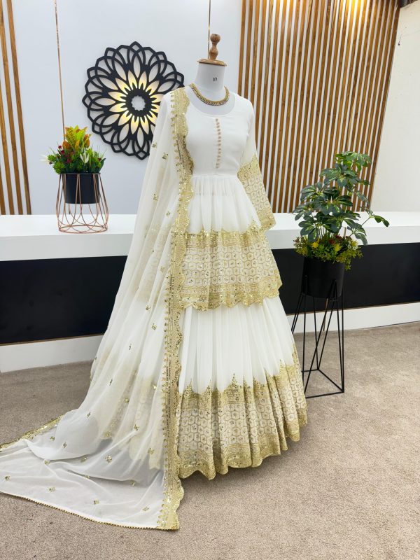 Handsome White Color Faux Georgette With Embroidery Sequence Work Lehenga Choli