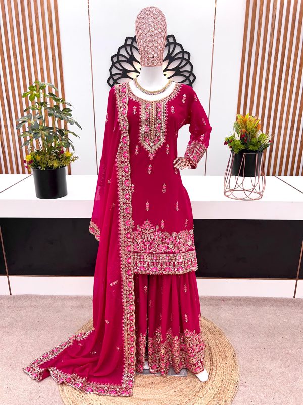 Latest Maroon Color Georgette Embroidery Sequence Work Sharara Suit