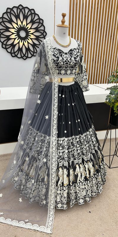 Luminous Black Color Faux Georgette Embroidery Work Lehenga Choli