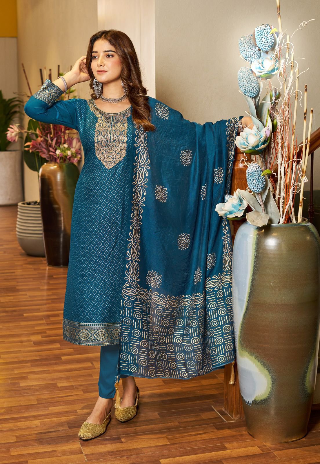 Mesmerizing Blue Color Rayon Embroidery Sequence Printed Kurti