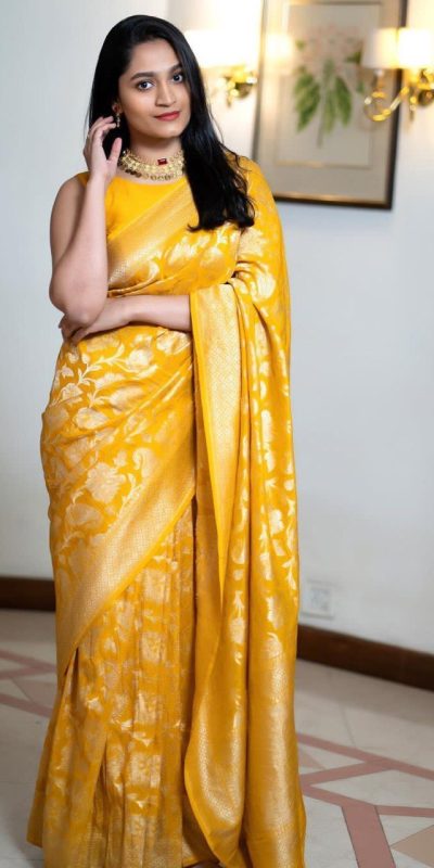 Mesmerizing Yellow Color Soft Lichi Silk With Ordinary Design Saree