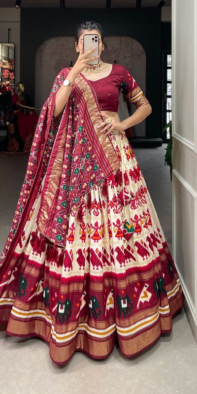 New Exclusive Red Color Tussar Silk Patola Print Lehenga Choli