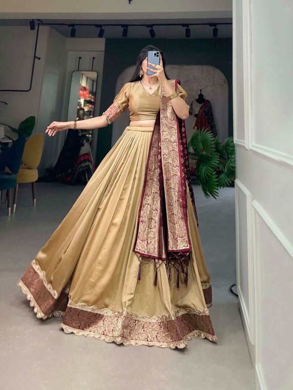 Peaceful Chickoo Color Vichitra Silk Jacquard Lace Lehenga Choli