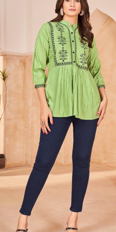 Perfect Green Color Heavy Rayon With Embroidery Kurti