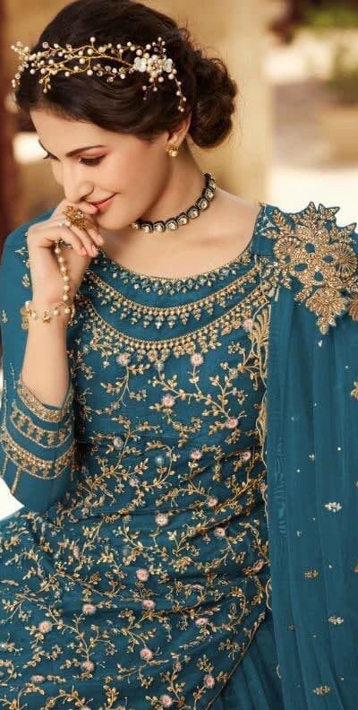 Artful Persian Blue Color Soft net + Embroidery work + Sequence Georgette With Embroidery Work Lehenga Choli