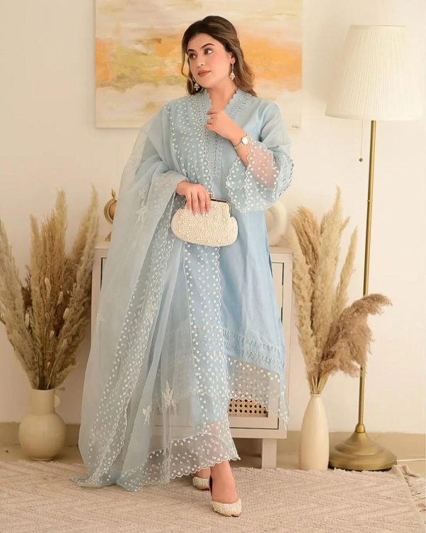 Special Look Light Blue Jam Cotton Embroidery Work Sharara Suit