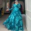 Pine Green Chiffon Floral Print Party Gown