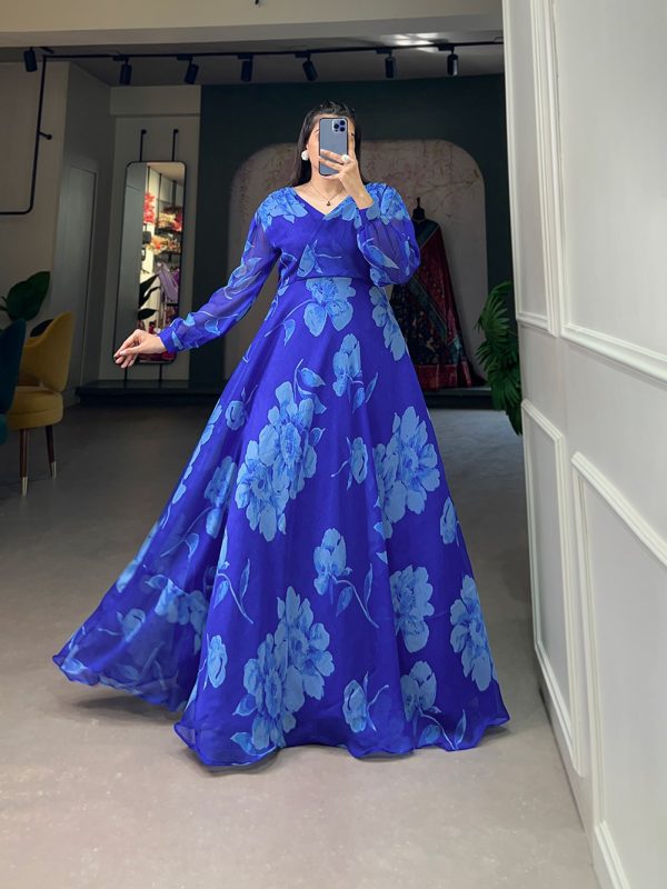 Stunning Royal Blue Color Chiffon Floral Printed Party Wear Gown