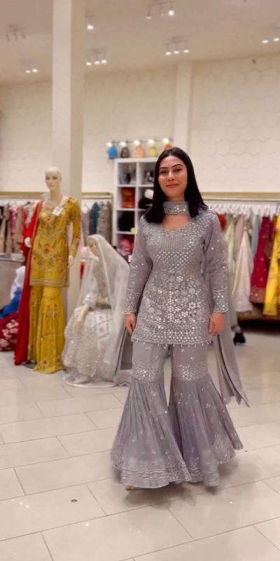 Stylish Grey Color Faux Georgette Embroidery Work Sharara Suit