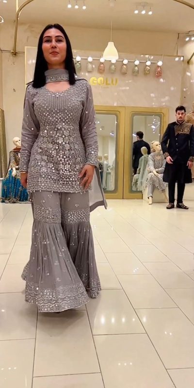 Stylish Grey Color Faux Georgette Embroidery Work Sharara Suit