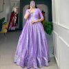 Stylish Lavender Color Jacquard silk Floral weaving work Gown