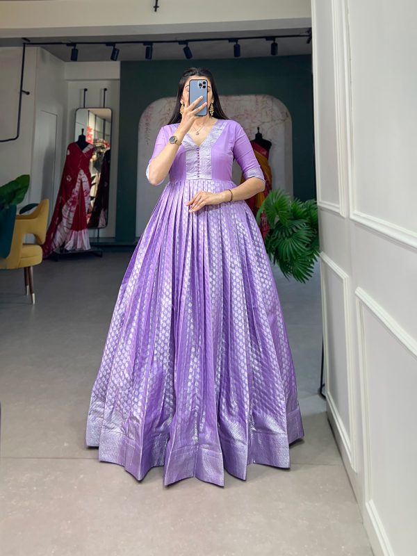 Stylish Lavender Color Jacquard silk Floral weaving work Gown