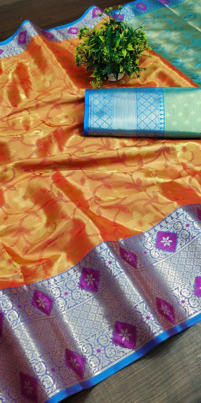 Superb Orange Color Soft & Pure Organic Silk Gold Zari Saree