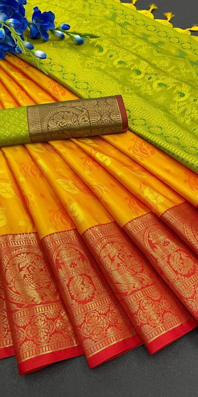 Traditional Orange Color Soft Kanjivaram Jacquard Weaving Saree