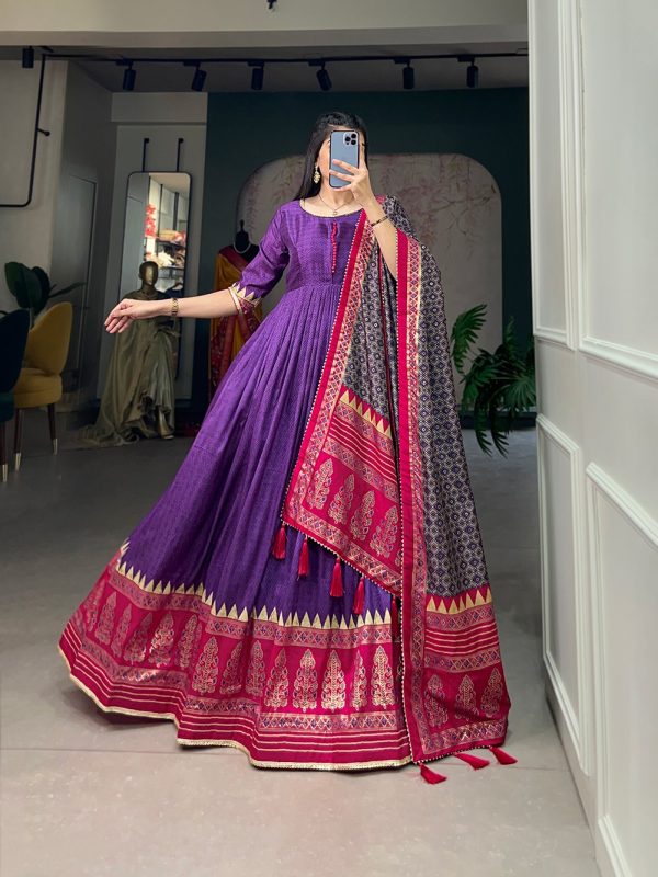 Traditional Wear Purple Color Tussar Silk Foil Printed Gown