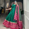 Green Tussar Silk Foil Print Gown