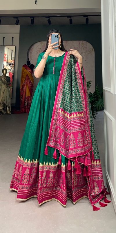 Traditional Wear Green Color Tussar Silk Foil Printed Gown
