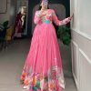 Pink Tussah Silk Floral Printed Gown