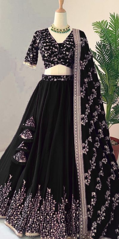 Beautiful Black Color Faux Georgette With Embroidery Sequence Work Lehenga Choli