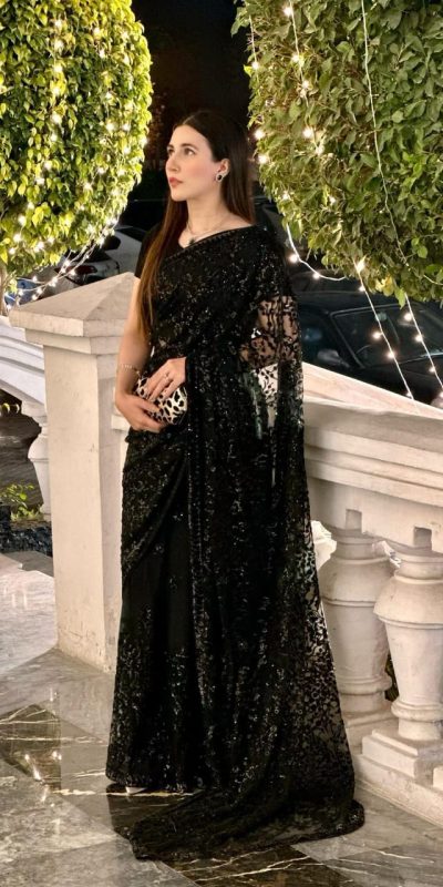 Perfectly Formed Black Color Georgette Adornment of Sequence work Lace Saree