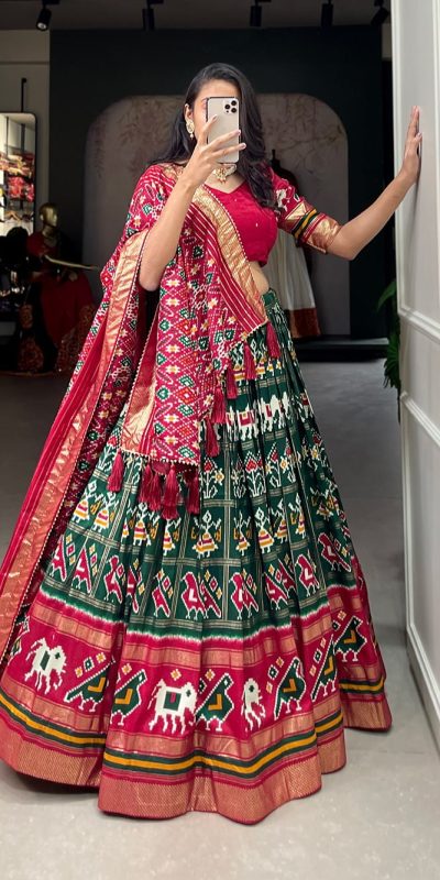 LNB1685 Green Color Tussar Silk Patola Foil Printed Lehenga Choli Festive, Wedding, Party, Events Expected Etc. Delivery 4-6 Working Days @2199/- | Lehenga, Bollywood Lehenga, Creative Lehenga, Designer Lehenga, Embroidered Lehenga, Party Wear Lehenga