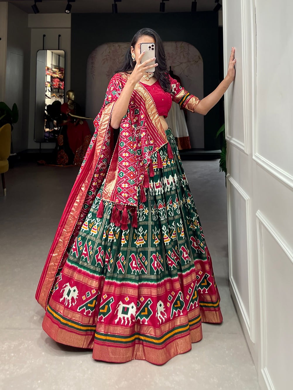 LNB1685 Green Color Tussar Silk Patola Foil Printed Lehenga Choli Festive, Wedding, Party, Events Expected Etc. Delivery 4-6 Working Days @2199/- | Lehenga, Bollywood Lehenga, Creative Lehenga, Designer Lehenga, Embroidered Lehenga, Party Wear Lehenga