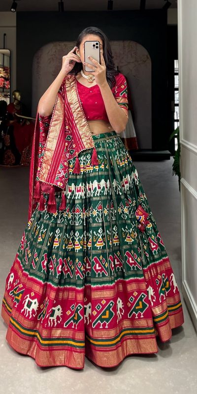 LNB1685 Green Color Tussar Silk Patola Foil Printed Lehenga Choli Festive, Wedding, Party, Events Expected Etc. Delivery 4-6 Working Days @2199/- | Lehenga, Bollywood Lehenga, Creative Lehenga, Designer Lehenga, Embroidered Lehenga, Party Wear Lehenga