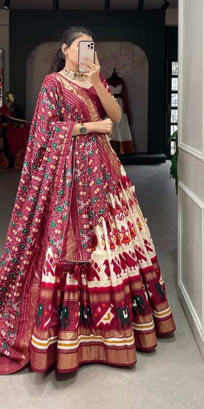 LNB1685 Off White Color Tussar Silk Patola Foil Printed Lehenga Choli Festive, Party, Wedding, Events etc. Expected Delivery 4-6 Working Days @2199/- | Lehenga, Bollywood Lehenga, Creative Lehenga, Designer Lehenga, Embroidered Lehenga, Party Wear Lehenga