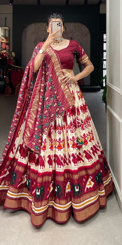 LNB1685 Off White Color Tussar Silk Patola Foil Printed Lehenga Choli Festive, Party, Wedding, Events etc. Expected Delivery 4-6 Working Days @2199/- | Lehenga, Bollywood Lehenga, Creative Lehenga, Designer Lehenga, Embroidered Lehenga, Party Wear Lehenga