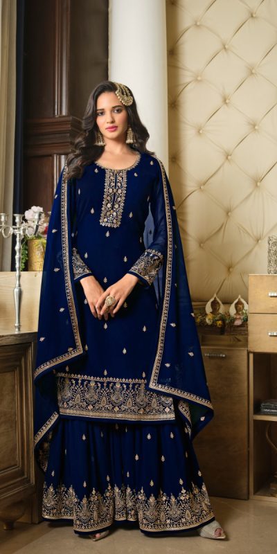 Adorable Blue Color Georgette Embroidery Sequence Work Sharara Suit