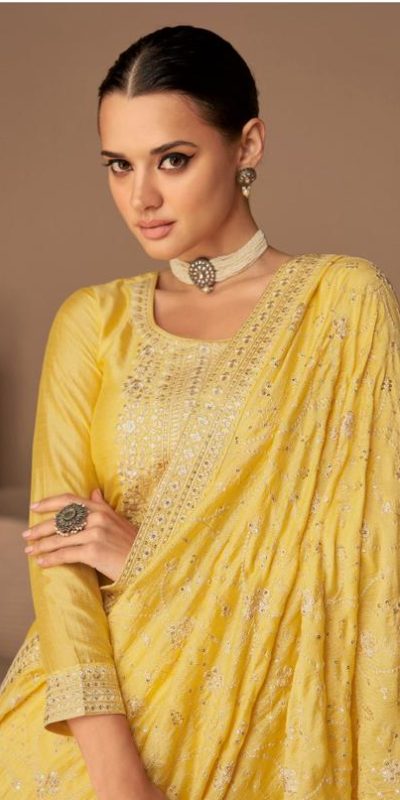 Charming Yellow Color Sequence Embroidery Stone Work Straight Salwar Suit