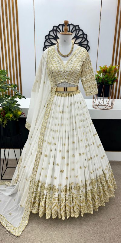 Fancy White Color Faux Georgette With Embroidery Sequence Work Lehenga Choli