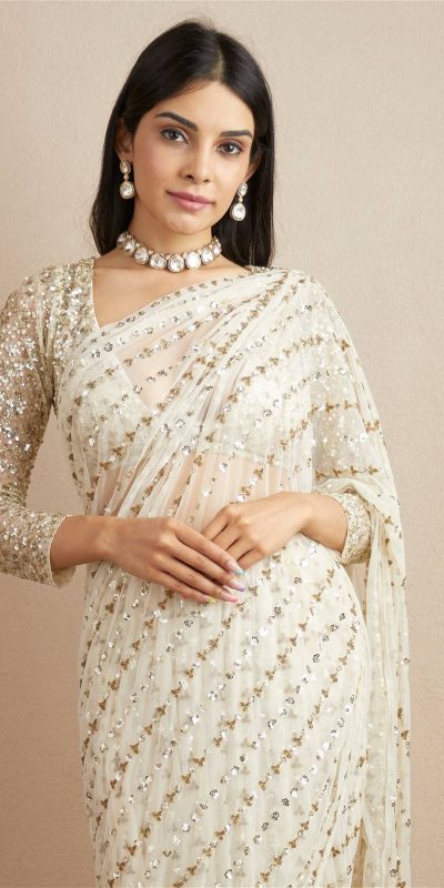 Gorgeous White Color Georgette Embroidery Sequence Work Saree