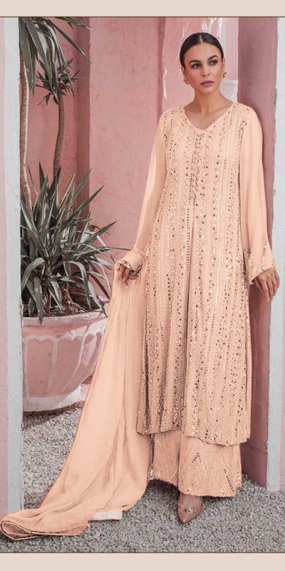 Latest Cream Color Georgette Embroidered Sequence Work Straight Salwar Suit