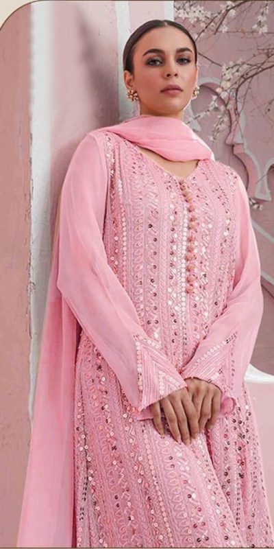 Latest Pink Color Georgette Embroidered Sequence Work Straight Salwar Suit