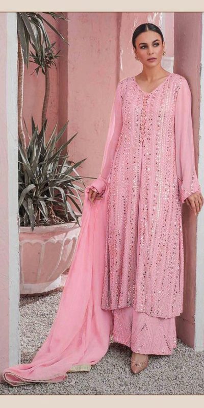 Latest Pink Color Georgette Embroidered Sequence Work Straight Salwar Suit