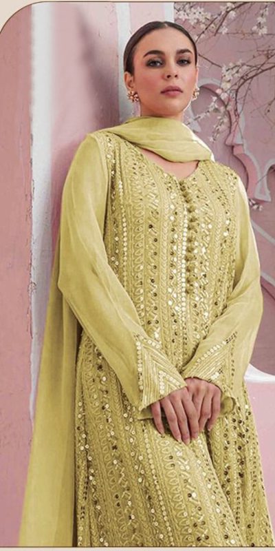 Latest Yellow Color Georgette Embroidered Straight Pakistani Salwar Suit