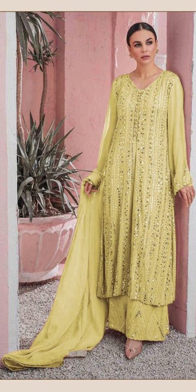 Latest Yellow Color Georgette Embroidered Straight Pakistani Salwar Suit