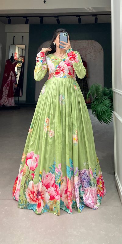Wanted Green Color The timeless charm of tussah silk meets the delicate beauty of floral prints in this enchanting gown