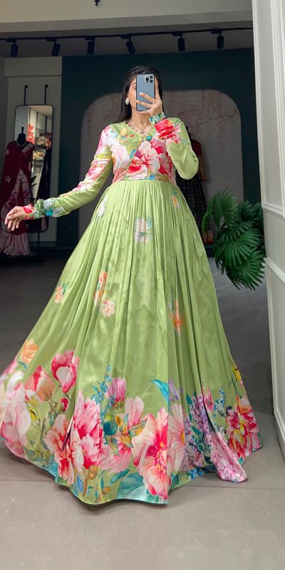 Wanted Green Color The timeless charm of tussah silk meets the delicate beauty of floral prints in this enchanting gown