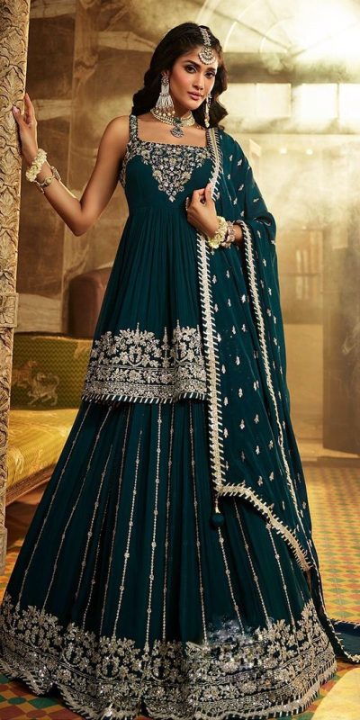 Graceful silky Green Color Faux Georgette With Heavy Embroidery Sequence Work With Sleeves Lehenga