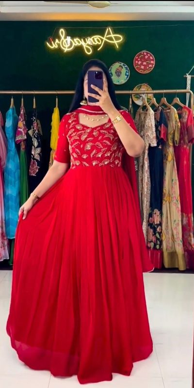 Stylish Red Color Georgette thread with Sequence Work Gown