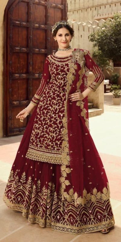 Artful Maroon Color Soft net + Embroidery work + Sequence Georgette With Embroidery Work Lehenga Choli