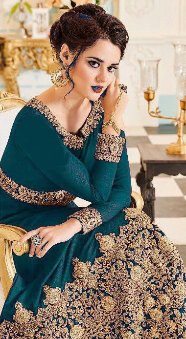 Aglow Peacock Green Color Georgette Coding Embroidery Anarkali Suit