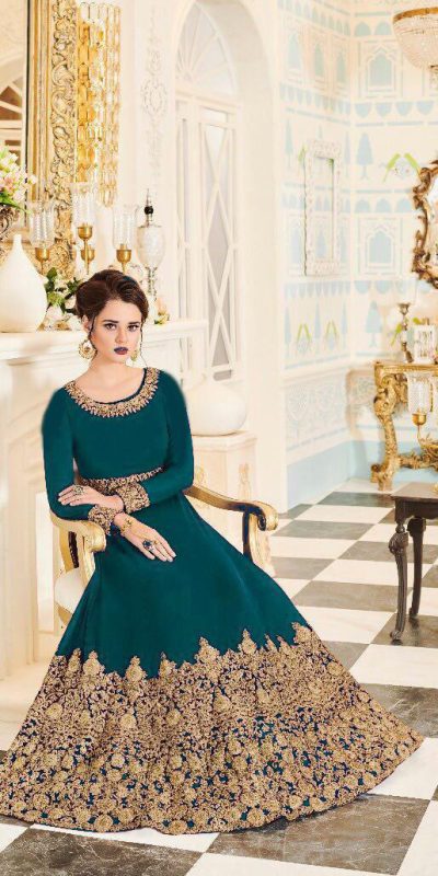 Aglow Peacock Green Color Georgette Coding Embroidery Anarkali Suit