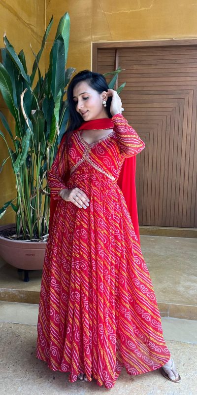 Aglow Red Color Pure Bandhini Embroidery Lace Work Gown